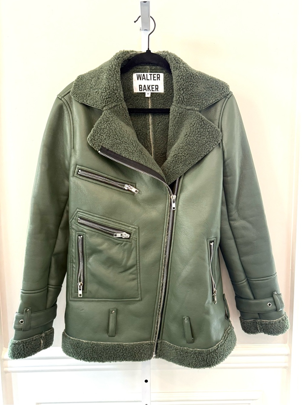 Walter Baker Olive Faux Leather Shearling Moto Jacket Size M Biker Coat